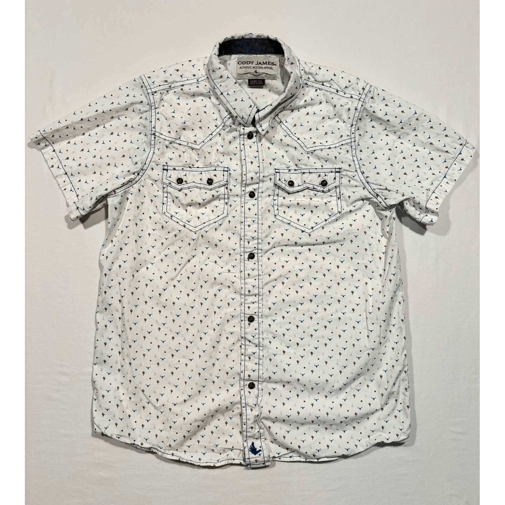 Cody James Kids XL Western Button Up Shirt‎ White Cactus Longhorn Short Sleeve